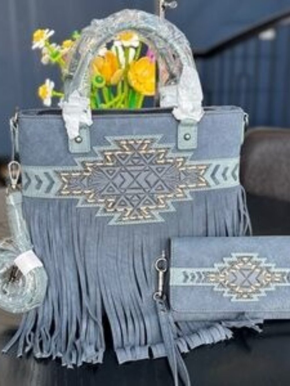 Trinity Ranch Aztec Tooled Fringe Concealed Carry Tote/Crossbody + Wallet Navy
